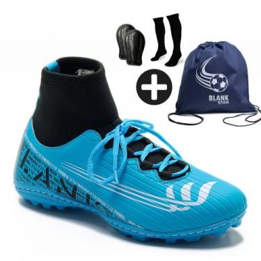 Imagem de Kit Chuteira Society Blank Botinha com Meião, Caneleira e Mochila AZ -