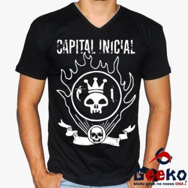 Imagem de Camiseta Capital Inicial 100% Algodão Rock Geeko, Preto gola v, G