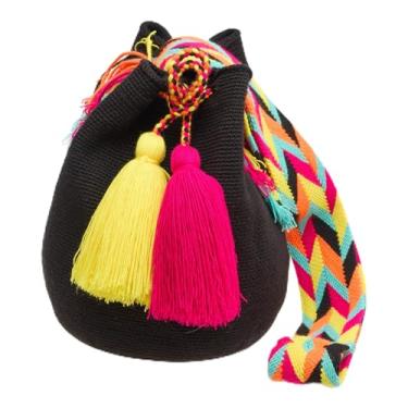 Imagem de WAYUU mochila colombiana, autêntico padrão de crochê feito à mão boho crossbody, presentes Fairtrade original da Colômbia., Preto médio, Medium