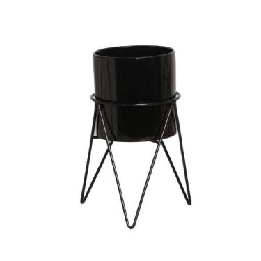 Imagem de Cachepot Decorativo em Cerâmica Home com Suporte P Preto - Sara Decora