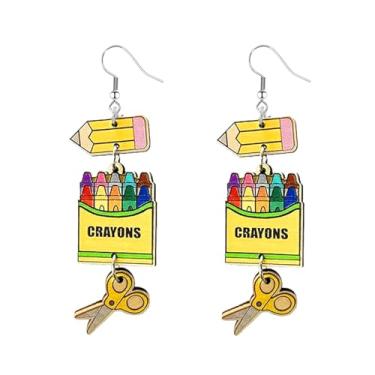 Imagem de Brincos pendentes para professores, de volta às aulas, lápis coloridos, livro de maçã, arco-íris, para mulheres, adolescentes, meninas, professoras, graduação, joias de volta às aulas, Madeira,