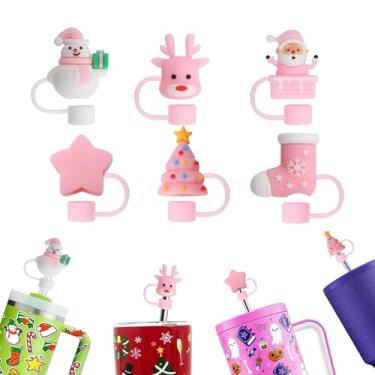 Imagem de Aiyoushang 6 peças de topo de palha de Natal rosa para Stanley, tampas de palha de silicone de 10 mm para Stanley copo de 30 e 1,134 g, topos de palha para copos presentes de Natal