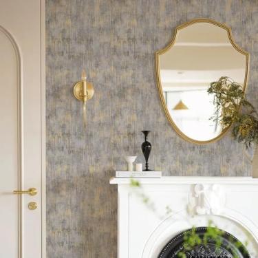 Imagem de Simon&Siff Papel de parede texturizado de concreto envelhecido 44 cm x 12 m branco/ouro/cinza metálico moderno papel de parede não tecido neutro para quarto papel de parede tradicional precisa de