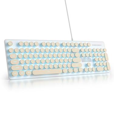 Imagem de surmen Teclado de máquina de escrever com fio USB fofo e silencioso, teclado retroiluminado para PC com teclas redondas retrô, tamanho completo, 104 teclas para computador de escritório (Cáqui)