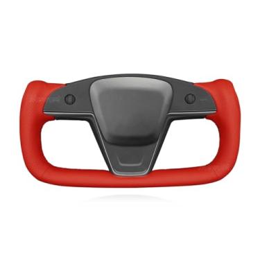 Imagem de MEWANT Capa de volante de carro de couro PU perfurada vermelha costurada à mão para Tesla Yoke Model S Plaid 2021-2023 / Model X 2021-2023 Acessórios de volante para Tesla Yoke