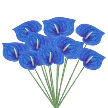 Imagem de PATIKIL Flores artificiais de lírio de antúrio de 33 cm, pacote com 10 buquê de arranjos florais permanentes para decoração de casa, festa de casamento, festival, azul-marinho, azul marinho