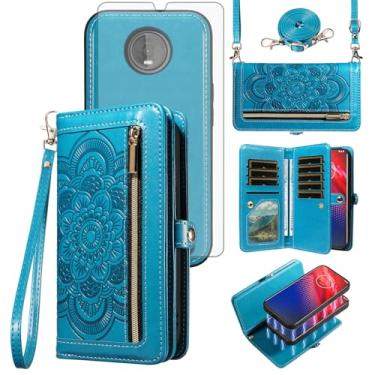 Imagem de Asuwish Capa de celular para Moto Z4/Moto Z 4 Play/MotoZ4 Force Zipper carteira destacável com protetor de tela flor porta-cartão Motorola 4Z Motoz4Cases MotoZ4Play XT1980-4 2019 feminino azul