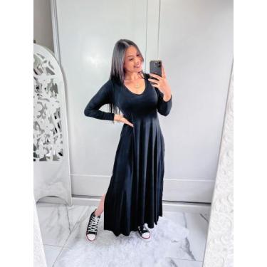 Imagem de Vestido gola V manga longa com bolço e fenda lateral  - MK Modas, Pret