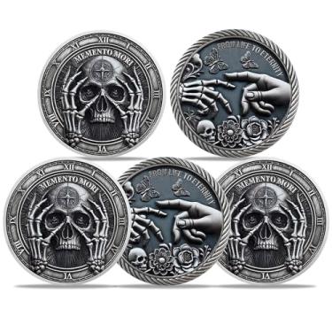 Imagem de RYUKENLM Pacote com 5 Moedas Memento Mori 3D Skull Challenge Coins Token Lembrete Estoico Diário Moedas EDC para Prática Estóica Presente de Estoicismo Inspiratório