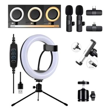 Imagem de Kit Influencer Ring Light Led Microfone Lapela Youtuber Fotografia Vlog Tripé Profissional Maquiagem (Lightning)