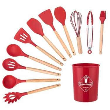Imagem de Conjunto Utensílios Cozinha em Silicone Cabo de Madeira Kit 12 Peças Leve Premium Jogo De Utensílios Resistente ao Calor Antiaderente Espátula Duráveis Confeitar Organizar Cozinhar (Vermelho)