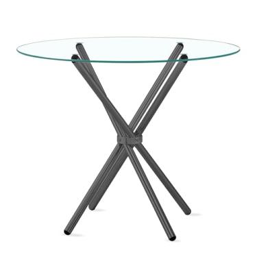 Imagem de Fab Glass and Mirror Elegante mesa de jantar pequena redonda de vidro com base elegante mesa fabulosa para cozinha ou sala de jantar metal 76 cm preto com espessura de 1,27 cm
