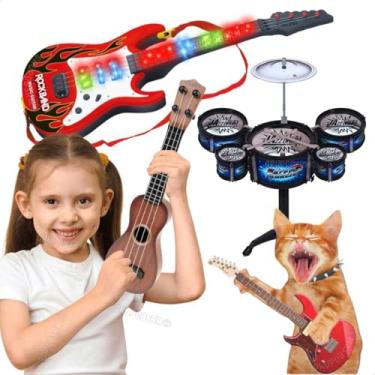 Imagem de Kit de Instrumentos Musicais Infantil com Mini Bateria Ukulele Violão Guitarra Eletrônica com Luz e Som Brinquedo Educativo para Crianças Menino e Menina Presente Natal (Bat. Azul / Violão Escuro)