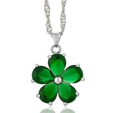 Imagem de RIZILIA Pingente BLOSSOM com corrente de 45,7 cm e zircônia cúbica com corte de pera [4 cores disponíveis] banhado a ouro branco, simples, moderno e elegante, Latão, Esmeralda sintética