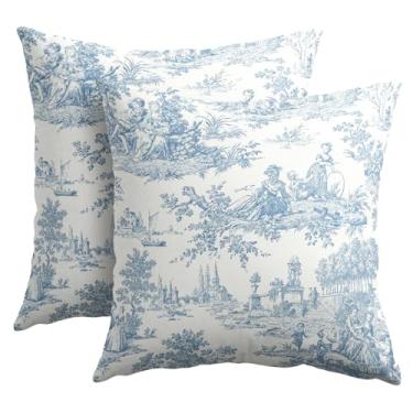 Imagem de Capas de almofada vintage azuis brancas 45,7 x 45,7 cm, almofadas de almofada para sofá, fazenda, macias, duráveis, capas de almofada rústicas retrô para cama, pátio, decoração ao ar livre, conjunto