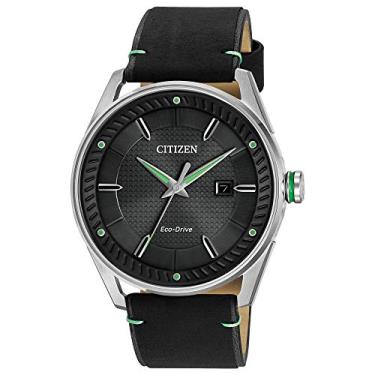Imagem de Citizen Relógio masculino esportivo casual com 3 ponteiros Eco-Drive, data, mostrador estampado, Pulseira de couro preto/inoxidável/detalhes verdes, Cronógrafo, stiletto, relógio inteligente, movimento de quartzo
