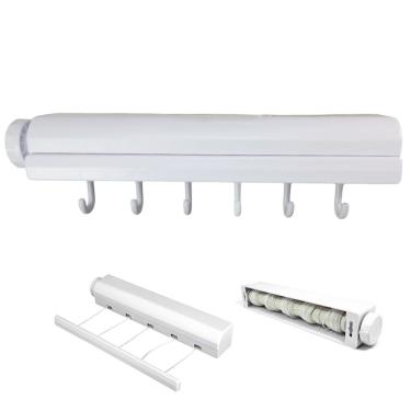 Imagem de Varal Retratil de Parede 5 Cordas Extensivel 6 Ganchos Ajustavel Automatico Secador de Roupa Lavanderia Casa Apartamento Resistente Organizaçao