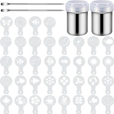 Imagem de 72 peças de decoração de café estêncil arte de café modelo de molde de café ferramenta com 2 canetas de café latte arte 2 potes de pó de malha para bolo, café, aveia, cappuccino, chocolate quente