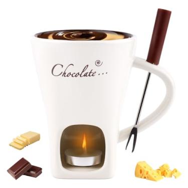Imagem de Caneca de fondue de chocolate com garfo, copo de derretimento doce com velas de chá para chocolate, queijo e sobremesas, conjunto de panela de fondue de cerâmica, presente ideal para encontros