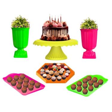 Imagem de Kit Decoração Mesa Neon Boleira Vaso Grego e Bandejas Brilha na Luz Negra (Sortido)