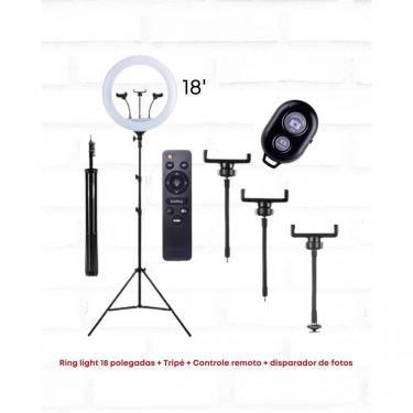 Imagem de Ring Light 18 (46cm) Polegadas + Tripé 160cm + 03 Phone Clip + Adaptador Ball Head + Disparador De Foto + Controle Remoto