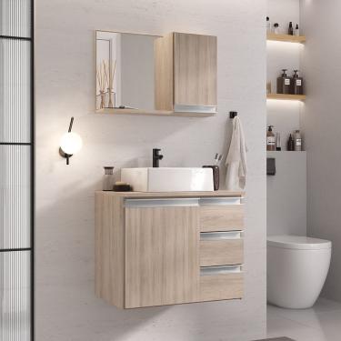 Imagem de Conjunto Gabinete Banheiro Prisma 60cm Gabinete + Cuba + Espelheira Com Vidro Madeirado Inteiro