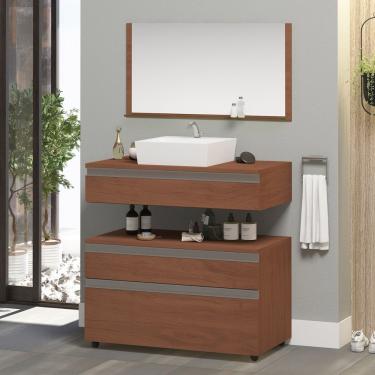 Imagem de Gabinete Banheiro Superior E Inferior Com Rodízios 3 Gavetas 60cm Safira - Natura - Marrom