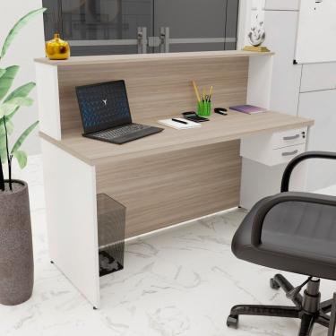 Imagem de Balcão Atendimento Recepção Consultório 140x60cm 2 Gavetas Carvalho - Branco