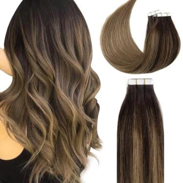 Imagem de Lacer Brown Tape Em Extensões De Cabelo Humano Balayage Natural Sem Costura Dupla Face Pele Poliuretano Cola Trama 100% Virgem Real Ombré Cor Mais Escura A Castanha 50G 20 Peças/Conjunto