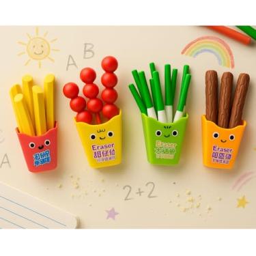 Imagem de Kit 4 Modelos de Borrachas Divertidas Infantil – 19 Unidades com Formato de Comida (Batatas Fritas, Cerejas, Chocolates, Alho Poró) – Brinquedo Educativo, Lembrancinha Festa, Volta às Aulas