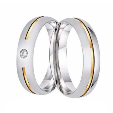 Imagem de Par de Alianças de Compromisso - Aço Inox 8mm - Com Filete de Ouro