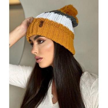 Imagem de Touca Lã Tricô Com Pompom Listrada Macio Quentinho Antialérgica - Supr
