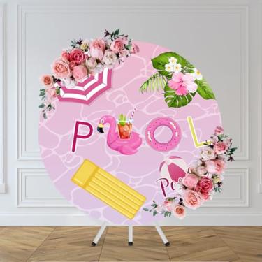 Imagem de CHNYWORK Capa de fundo redondo para festa na piscina, 2 x 2 metros, rosa, flamingo, natação, sombras, tema tropical, fundo de círculo, férias de verão, aniversário, casamento, Havaí, decoração de