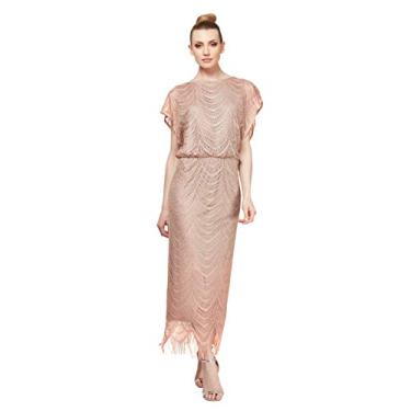 Imagem de S.L. Fashions Vestido feminino de crochê metálico com bainha de franja, Dourado, 50