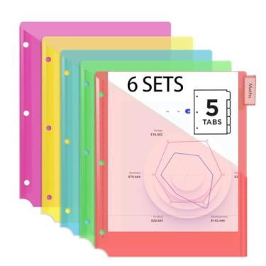 Imagem de 6 conjuntos de divisórias de fichário com 5 abas com bolsos, para fichário de 3 anéis, divisórias de plástico com dois bolsos com abas, tamanho carta, colorido, para escritório/casa