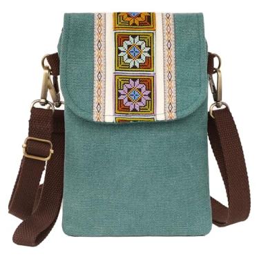 Imagem de SILKAREA Bolsa tiracolo pequena de lona bordada vintage para celular bolsa feminina carteira de pulso bolsa de moedas, Verde pinheiro, Transversal