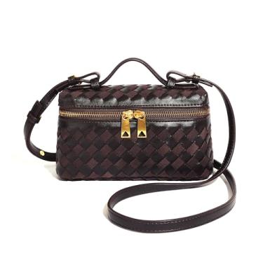 Imagem de Bolsa transversal de couro trançado, mini bolsa com alça superior quadrada, bolsa de ombro feminina, bolsa de ombro fofa, Café, Small