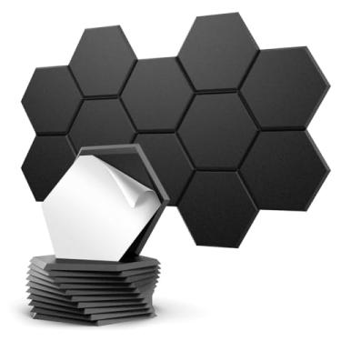Imagem de JISUO Pacote com 12 painéis de parede acústicos hexagonais autoadesivos, painéis à prova de som de alta densidade de 35,56 x 30,7 x 1 cm para paredes, azulejos acústicos decorativos para estúdio de