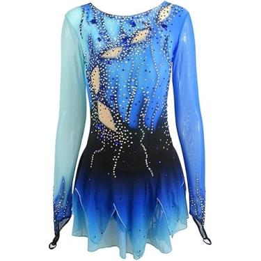 Imagem de Competição De Patinação Artística Vestido De Dança Meninas Profissional Ao Ar Livre Patinação No Gelo Saia Manga Longa Gancho, Blue, XXL