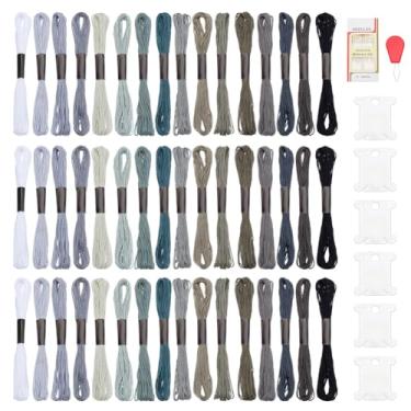 Imagem de FREEBLOSS 48 novelos de fio de bordado branco gradiente cinza ponto cruz com bobinas de fio dental, passador de agulha e 16 agulhas de bordado, 16 cores, 25 metros por novelo, 6 fios