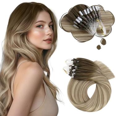 Imagem de Moresoo Extensões de cabelo humano Micro Link marrom ombré micro extensões de cabelo balayage marrom escuro a marrom claro e loiro acinzentado 50G/50S 40 cm