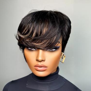 Imagem de PurpleSexy Pixie Cut Wigs for Black Women Chic Elegent Short Layered Corte Pixie Perucas de Cabelo Humano com Franja Sem Cola Cabelo Humano Virgem Brasileiro Liso 1b/30 Cores para Uso Diário