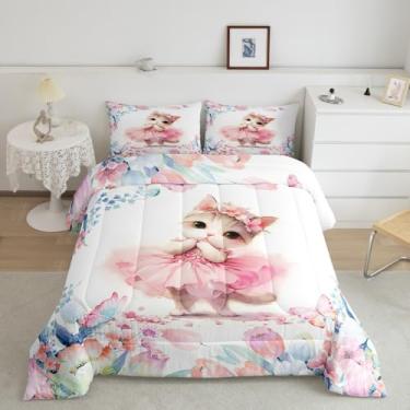 Imagem de Feelyou Conjunto de edredom infantil com estampa de gato kawaii para meninos e meninas, estampa floral, estampa floral, animal, gatinho fofo