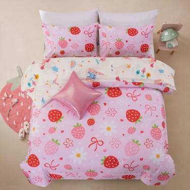 Imagem de Holawakaka Conjunto de edredom rosa completo com lençóis, 6 peças, arco e margarida de morango para mulheres, crianças, adolescentes, feminino, rosa, flores e laço rosa (rosa claro, casal)
