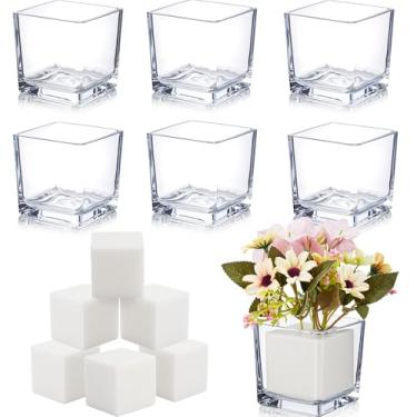 Imagem de Yerliker Pacote com 6 vasos de vidro quadrados a granel 7,6 cm x 7,6 cm x 7,6 cm Vaso de flor transparente com blocos de espuma floral adequado para centros de mesa de casamento, castiçal, vários