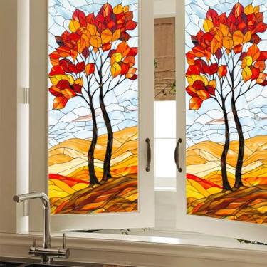 Imagem de HOMETITUTE Película decorativa para janela de vitral 45,7 x 99 cm, folhas de outono, painel de árvore, película de privacidade, vidro de outono, arte para decoração de parede de varanda de ação de