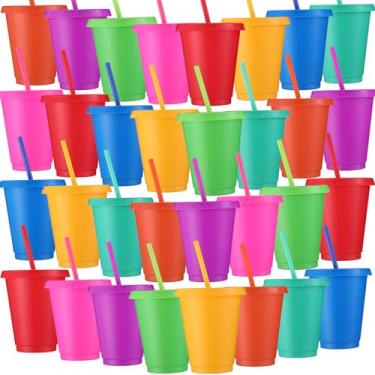 Imagem de Sieral Copos com canudos e tampas copo infantil com canudo garrafa de água reutilizável café gelado caneca de viagem copos de plástico para festas 473 ml (cores candy, pacote com 30)