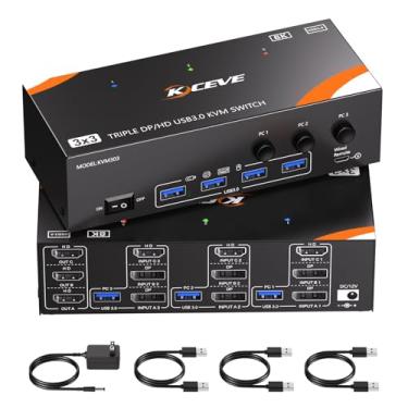 Imagem de KVM Switch 3 monitores, 3 computadores 8K @60Hz/4K@120Hz, interruptores HDMI DP KVM para 3 monitores triplos de PC e mouse de teclado com adaptador de alimentação, controlador de extensão com fio e
