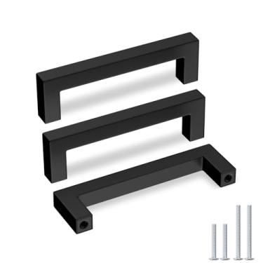 Imagem de Pacote com 5 gavetas pretas de aço inoxidável, com barra quadrada, puxador de gaveta para armários de cozinha e banheiro, Moderno, 4-1/2 inch hole centers, Black