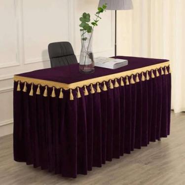 Imagem de Toalha de mesa de veludo dourado para conferências e exposições, com franjas, para saia de mesa retangular, roxo escuro, 180x60x75 cm